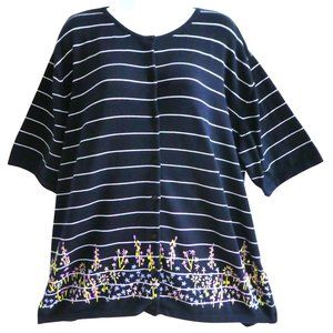 Liz Claiborne Cardigan Mixed Stripes Embroidered Flowers Button Front Short Slv